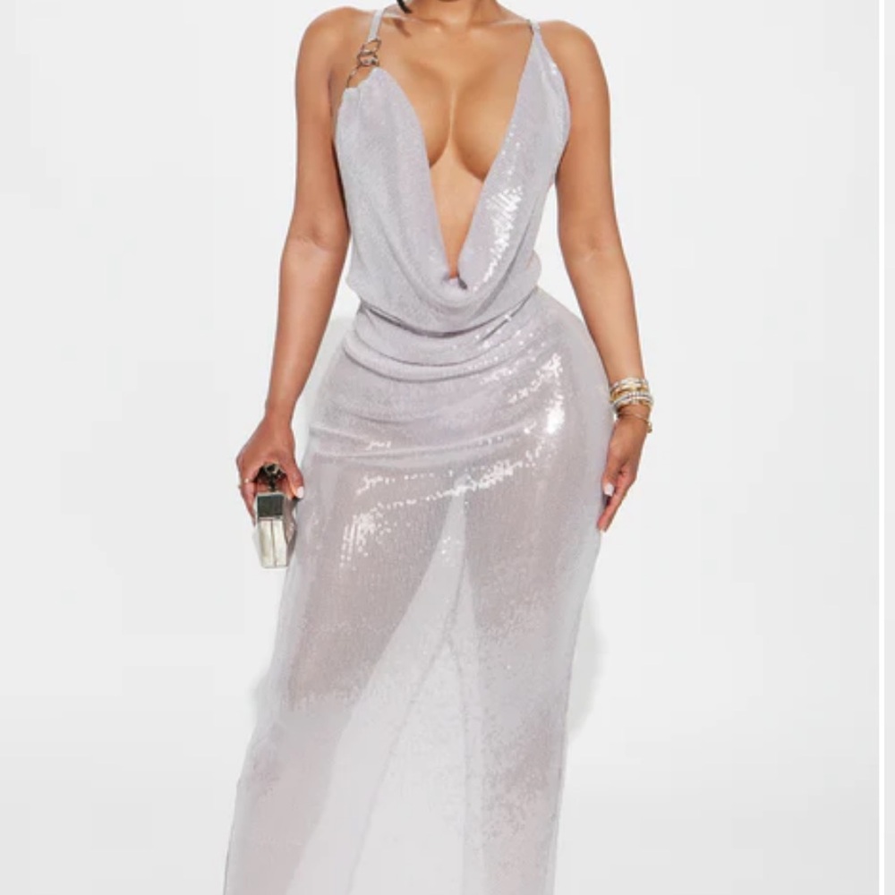 Fashion Nova Shimmering Silver Maxi Dress